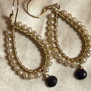 Artisan made dangle earrings fresh water pearl, genuine sapphire, gold-fill wire